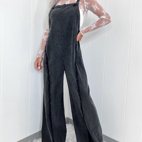 Denim Overalls for Women Casual Adjustable Straps Wide Leg Raw Hem Jeans Bib Ove - Picture 2 of 3